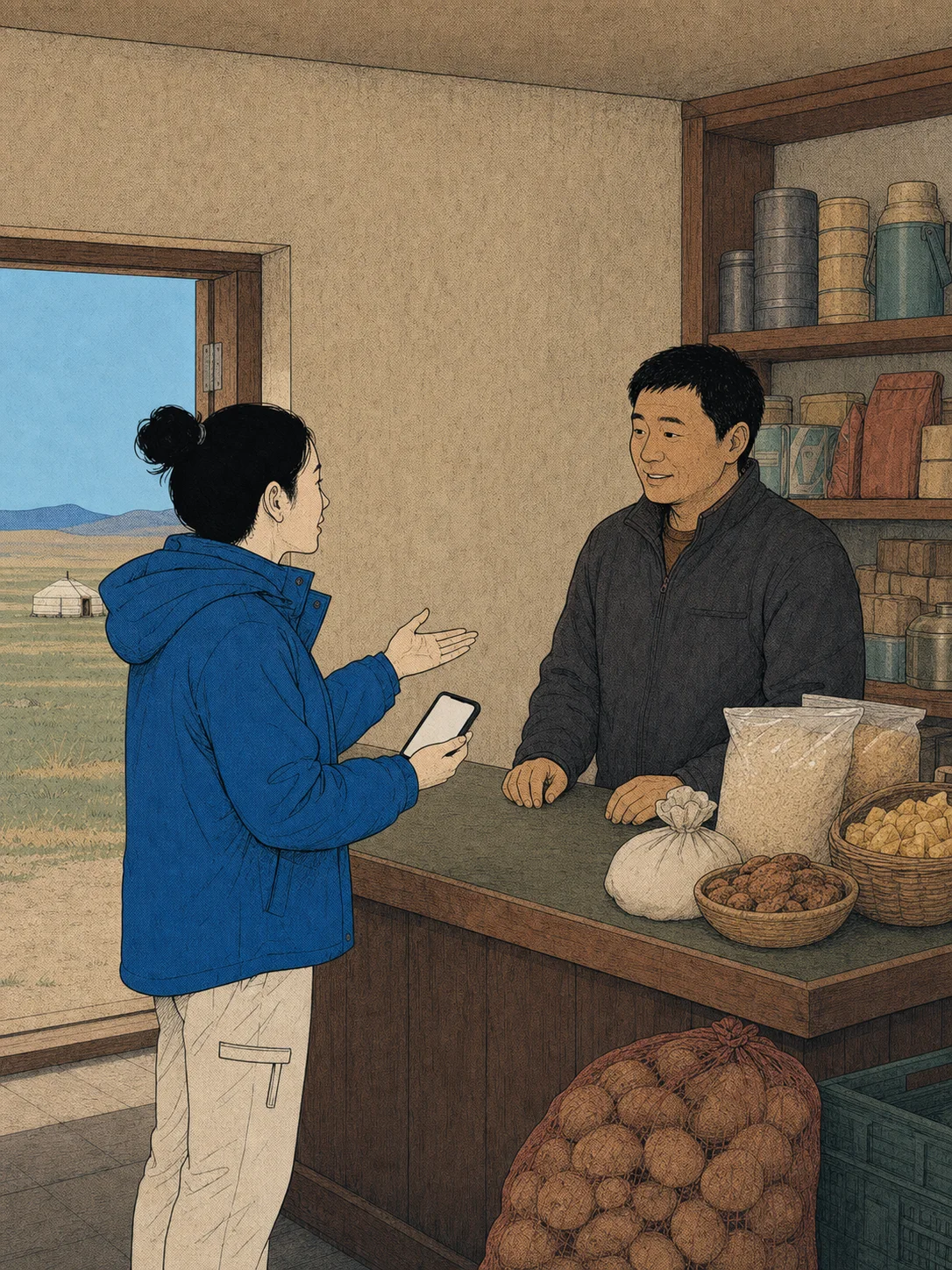시골 마을에서 현지인과 천천히 대화하는 여행자 일러스트