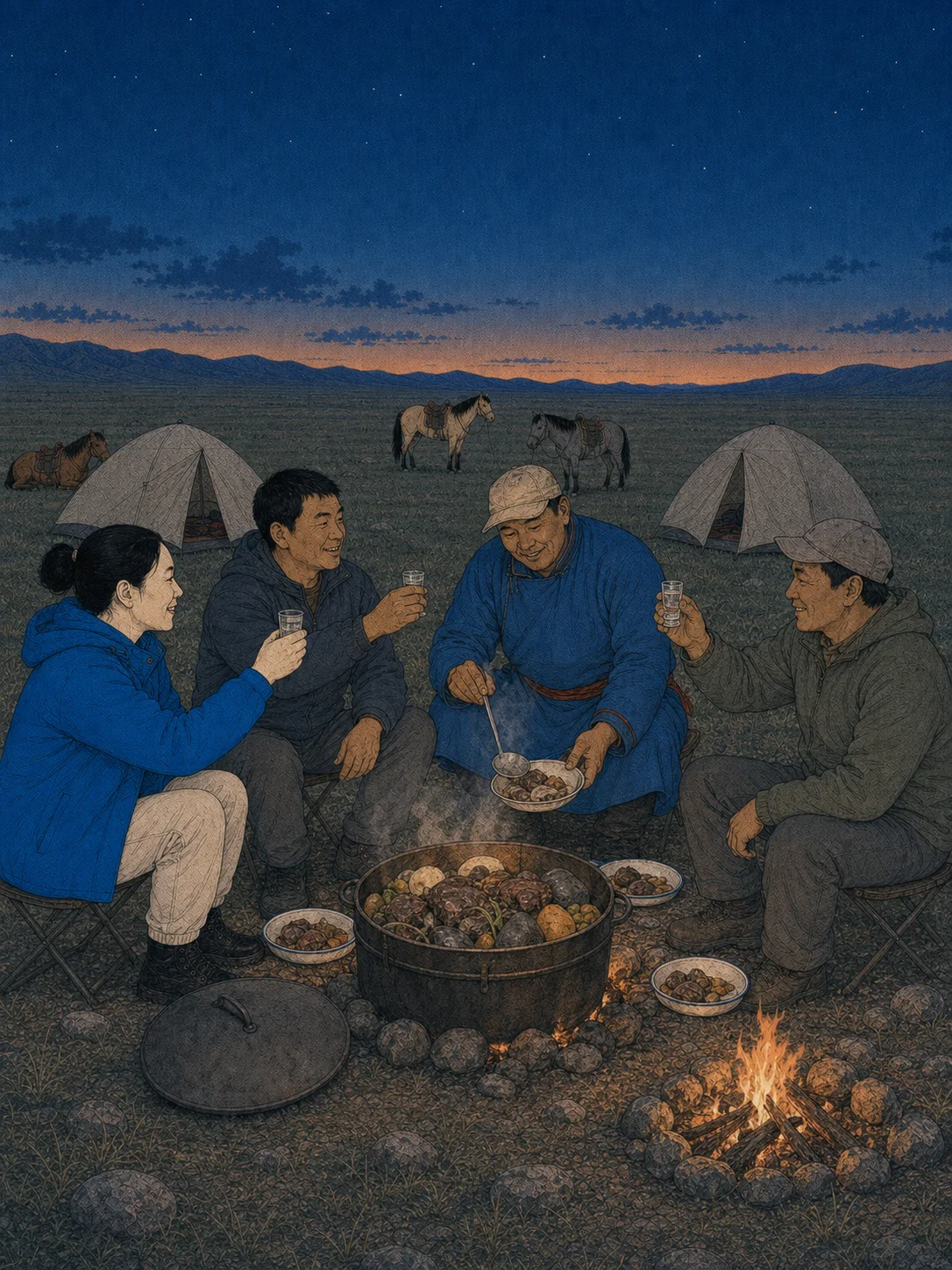 별이 뜬 캠핑 저녁, 캠프파이어 곁에서 보드카로 건배하고 허르헉 특식을 나누는 컬러 일러스트